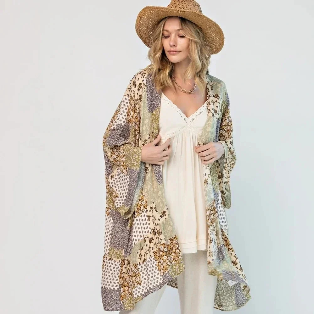 New! Easel Patchwork Quilt Kimono Coverup